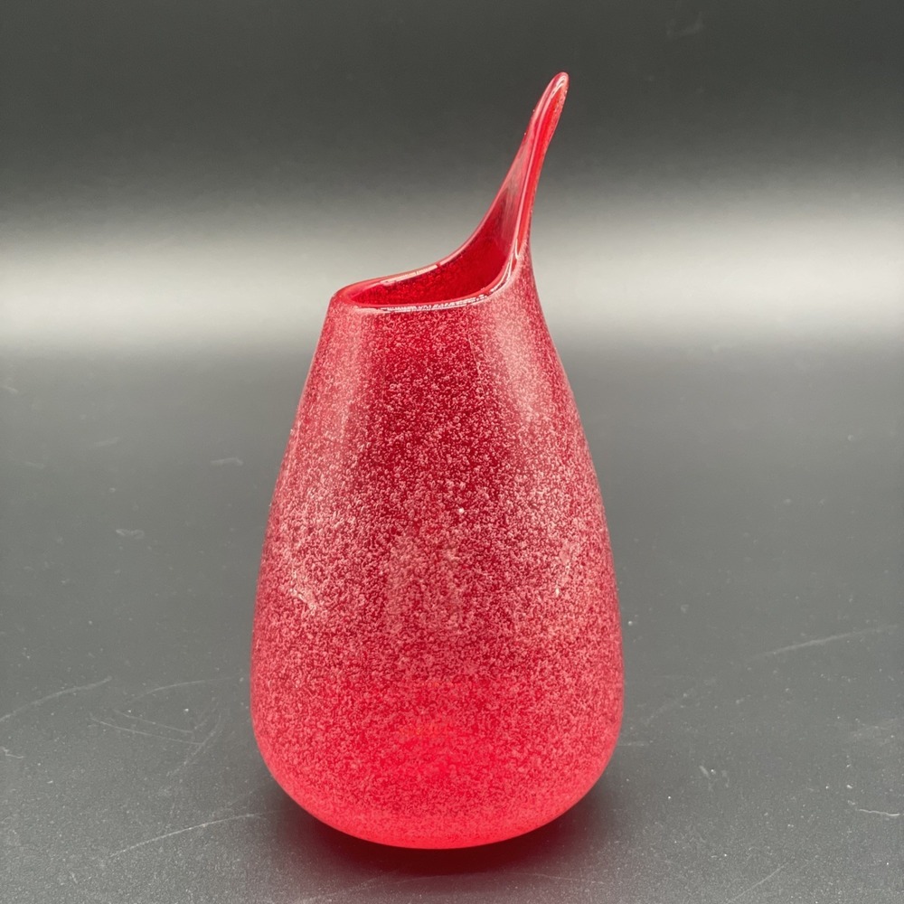 Mid Century Modern Red Bubble Art Glass Vase Hand Blown Stretch Bud Vase 6.5"